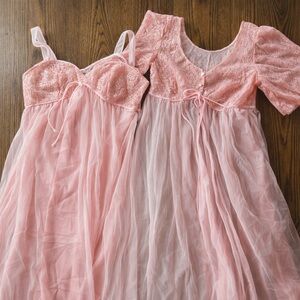 Y2K Coquette Pink Lace Babydoll Dress Slip & Cover Set Sheer Balletcore